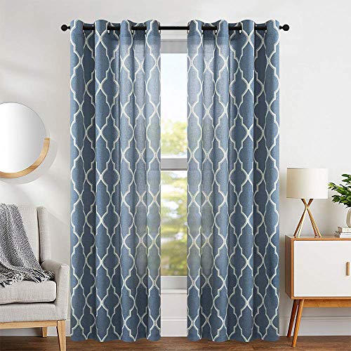 jinchan Curtains Print 84 inch Lattice Moroccan Tile Flax Linen Blend Curtain Textured Grommet Quatrefoil Window Treatment Set for Living Room Kitchen Blue Set of 2 Panels