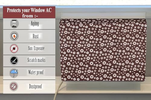 Image of The Furnishing Tree Elastic fit waterproof Polyester window ac cover suitable for Croma 1.5 Ton, Dustproof cover for inner and outer section, In CM: (67.31x66.04x45.72), Floral Pattern Coffee