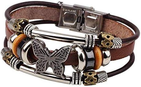 MALOYANVE Bohemian Leather Bracelets for Men and Women Vintage Punk Alloy Butterfly Key Adjustable Beaded Wrap Multilayer Braided Cuff Bangles Wristband Wrist Decor Bracelet (Butterfly)