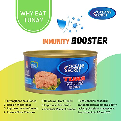 Image of Oceans Secret Tuna Chunks in Brine 180gm Pack of 4 Canned Tuna Fish Balanced Nutrition, Light Taste, in Clean Brine, Premium Cuts Ready to Eat