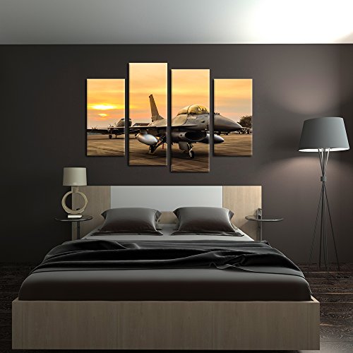 Kreative Arts - 4 Panel Canvas Prints F-16 Fighting Falcon Fighter Jet On Sunset Wall Art Military Airplane Giclee Canvas Pictures Stretched And Framed Paintings Artwork For Home Decor L47Xh32 #TOP1