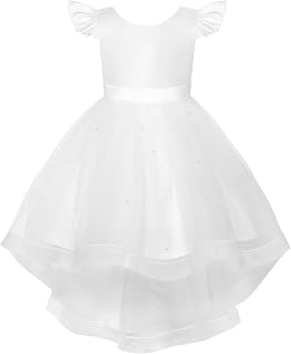 Uhnice Flower Girl Dress Flutter Sleeve Tulle Dress with Pearl for Wedding Birthday Party