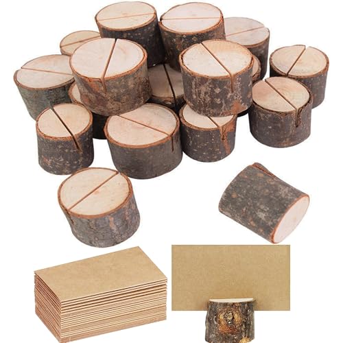 YUEMING 24 soportes para tarjetas de lugar, soporte para tarjetas de mesa de madera rústica, soporte para números con 24 soportes de menú de madera de papel kraft, soporte para tarjetas de notas para