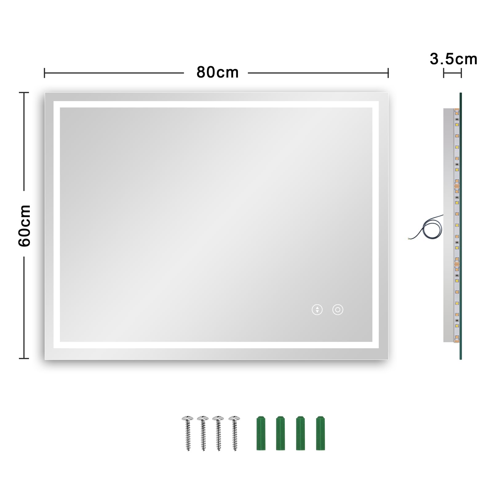 Dripex Miroir de Salle de Bain avec Éclairage 60x80cm, 30Watts Miroir LED Anti-buée, 3 Couleurs et Dimmable, Interrupteur Tactile, Antidéflagrant, Fonction Mémoire, IP44 Étanchéité