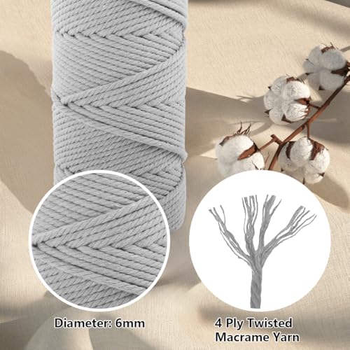 Image of ZUEXT Macrame Cord, Light Grey, 6mm x 109yds Cotton String Macrame Yarn | 100% Natural Handmade, 4 Strands Twisted Cotton Rope, For Wall Hanging Plant Hangers Gift Wrapping Tapestry DIY Crafts, 100m