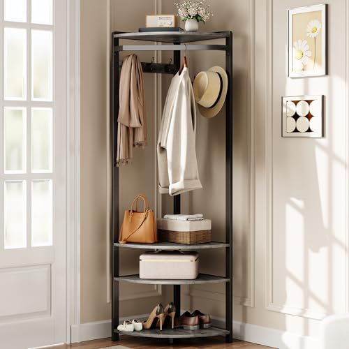 Corner Hall Tree with Shoe Bench & 6 Double Hooks, Space-Saving Entryway Corner Coat Rack with Storage Organizer & Shelf, Multi-Functional Hallway Sto