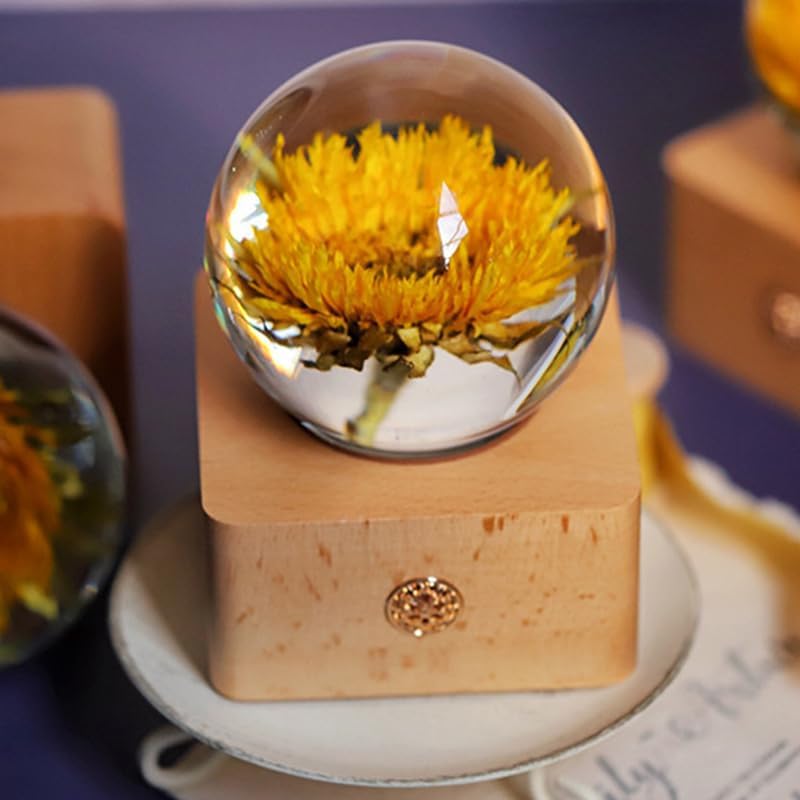 Sunflower in Crystal Ball with LED Lights - Preserved Flowers Wooden Base Eternal Flower Gift for Home Decor, Valentine's Day, Anniversary