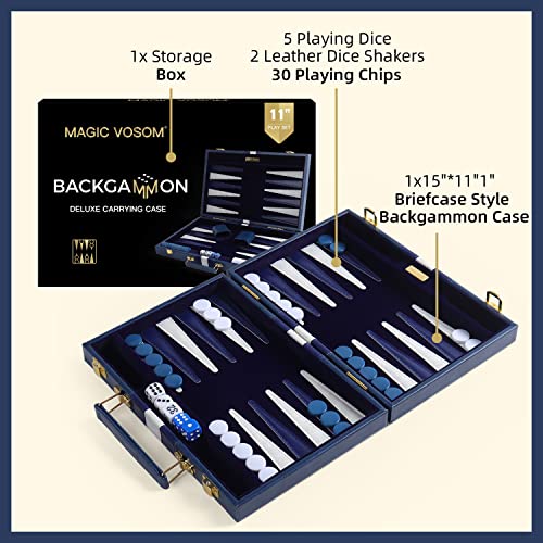 Magic Vosom Travel Small 11 Inch Backgammon Blue Sets Classic Board Game with Premium Leather Case, Portable Travels Strategy Backgammon Game Set for Adults, Kids (Blue, Small)