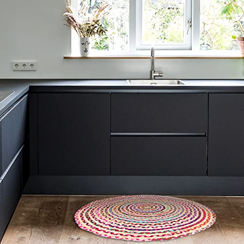 Indian Artistic Jute Cotton Multi Chindi Round Rag Rug 3X3' | Hand Woven Rug & Reversible Rug | Cotton Rag Rug | Handmade Multicolored Reversible Braided Rag Rug | Runner Rugs (Round Shape) #TOP4