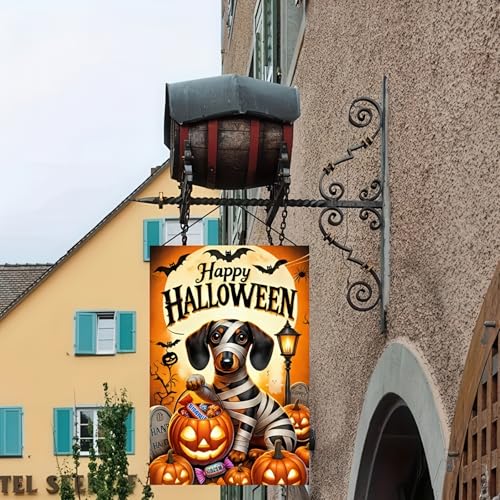 Image of Garden Flags for Outside 12x18 Inch Double Sided - Halloween Trick or Treat Dachshund Dog Skeleton Decorations - Small Outdoor Yard Flag