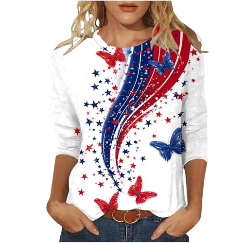 Image of Fourth of July Shirts for Women 3 /4 Sleeve Summer Tops American Flag Print T Shirt Patriotic 4th of July Shirts 2025
