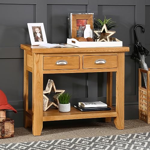 Image of The Furniture Market Cheshire Oak 2 Drawer Hall Console Table - Premium Quality Hall Table - Elegant and Durable Design - Ideal for Hallways & Living Rooms - H 785 x W 870 x D 340mm