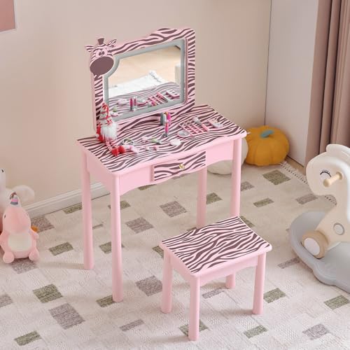 Image of Vanity Set,ShyneeMakeup Dressing Vanity Set Wooden Princess Makeup Table with Cushioned Stool,Drawer,Wooden Legs and Mirror, Make Up Dressing Play Set for Girls (Pink Zebra)