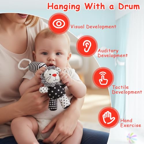 Image of SNOWIE SOFT Baby Toys for 6 to 12 Months Hanging Toy for Stroller Stuffed Plush Little Lion Rattle Toy, Black and White Crib Mobile Cartoon Stuffed Toys New Born Baby Gifts