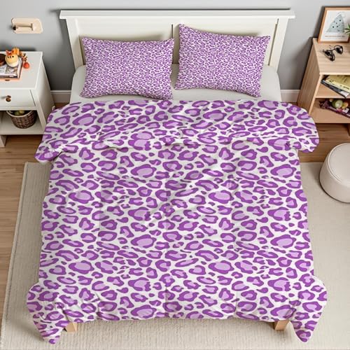 Funda Nórdica Cama 150 Estampado De Leopardo Juego de Ropa de Cama 220x240 PúRpura Microfibra Suave Funda de Edredón y 2 Funda de Almohada 50x75 cm con Cremallera -D737