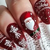 Künstliche Fingernägel mit Weihnachtsmann-Schneeflocken-Kunst, für Feiern, Weihnachten, Rot, glitzernd, 24 Stück