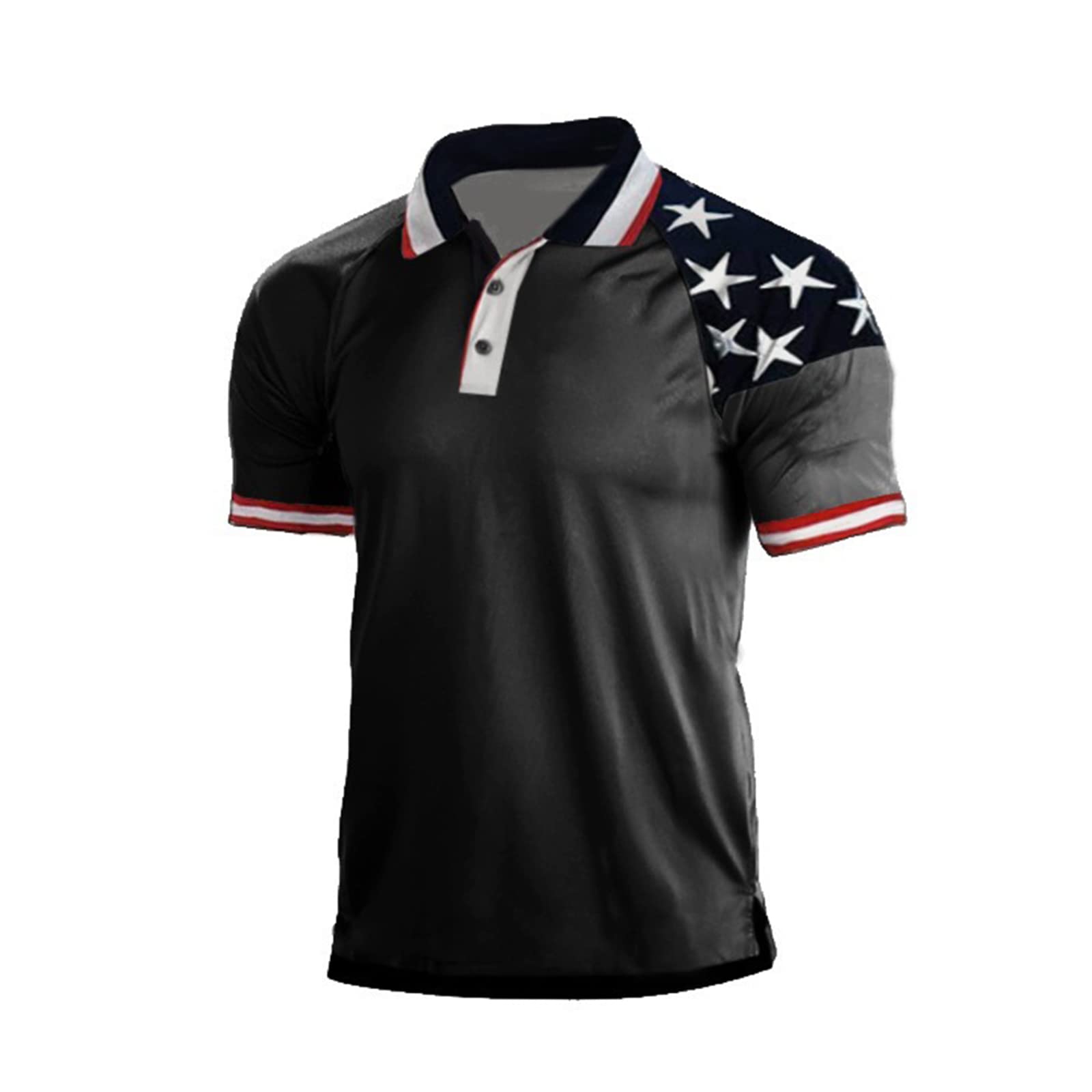 H HYFOL Short Sleeve Polo Shirts for Men Star Patchwork Graphic Stretch Casual American Patriotic Raglan Golf Polos for Men(Black,M