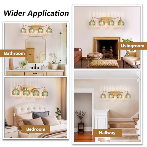 Image of Vintage Gold Vanity Lights, 4 Light Tulip Crystal, Antique Brass Finish | Brushed Gold Bathroom Light Fixtures, Green Wall Sconce Ideal for Bedroom, Living Room, E26 Compatible, Easy Install