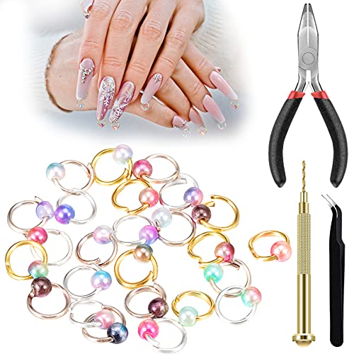 603 Pieces Dangle Nail Charms with Nail Piercing Tool Hand Drill Set Faux Pearl Beads Open Jump Rings Tweezers and Pliers Pierced Nail Art Supplies for Tips Decorations and Jewelry Making