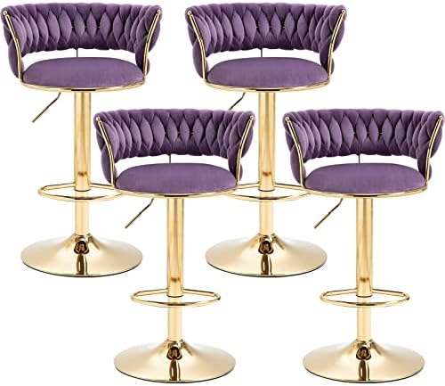Modern Purple Velvet Bar Stools Set of 4, Swivel Counter Height Barstools bar height Adjustable counter stools Kitchen Bar Chairs Upholstered Island Stools Chair Gold sillas para barra de cocina