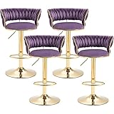 Modern Purple Velvet Bar Stools Set of 4, Swivel Counter Height Barstools bar height Adjustable coun