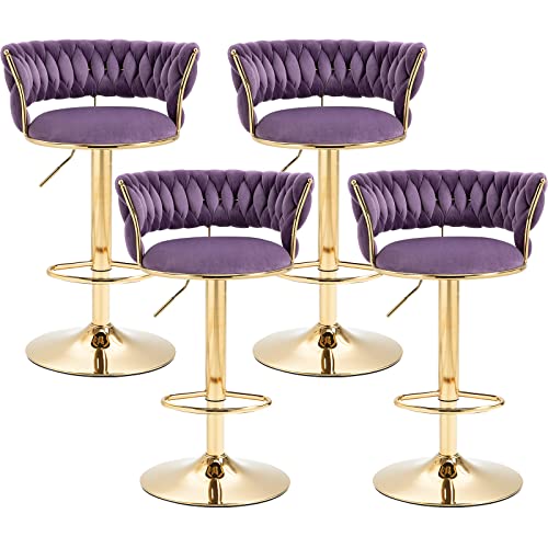 Modern Purple Velvet Bar Stools Set Of 4, Swivel Counter Height Barstools Bar Height Adjustable Counter Stools Kitchen Bar Chairs Upholstered Island Stools Chair Gold Sillas Para Barra De Cocina #TOP1