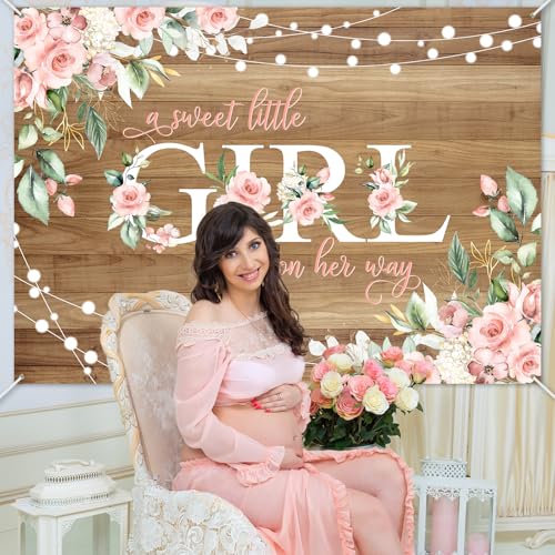 Avezano 7x5 ft Rustic Wood Baby Shower Backdrop A Sweet Little Girl is on Her Way Baby Shower Party Decorations Pink Floral Girl Banner Photo Booth Studio Props by Avezano - Used condition - Image 5