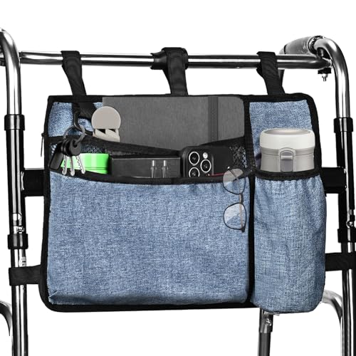 Dark Blue Walker Storage Bag with Cup Holder - Foldable Water Resistant Large Capacity Basket, Armrest Accessories for Folding Walkers Rollators Seniors Elderly Handicap