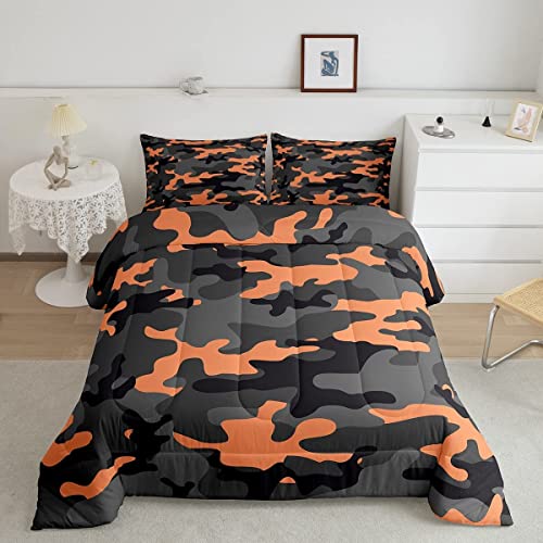 Feelyou Army Camouflage Bedding Bed Set for Kids Boys,Teens Camo Comforter Set Girls Colorful Decor Comforter Orange Black Grey Quilt Collection 3Pcs King Size Boys