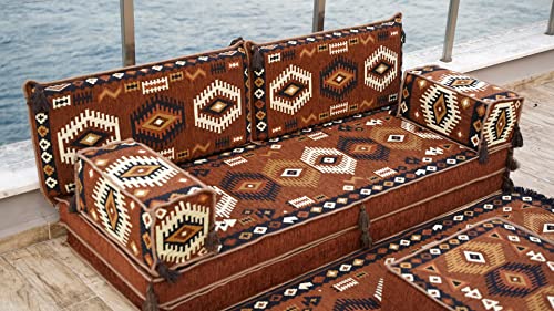 Brown Traditional Arabic Majlis, Oriental Cushion, Moroccan Cushion, Ethnic Floor Cushion, Sofa Slipcovers, Futon Sofa Bed (Sofa Full Set, 8'' Thickness (20 Cm)) #TOP2
