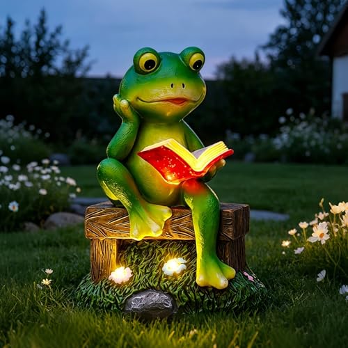 Goodeco Solar Frog Garden Statue - Frog on a Chair and Reading a Book with LED Lights for Patio Yard Lawn Ornament Balcony, Birthday Gifts for Women Mom & Housewarming Ideas (Green)