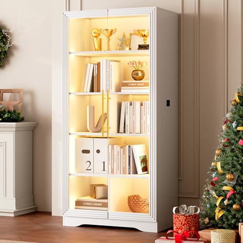 LVSOMT Vitrina de cristal con iluminación LED, 165 cm, con puertas de cristal, vitrina con 4 estantes, luz de 3 colores, vitrina de cristal de madera, salón, pasillo, color blanco
