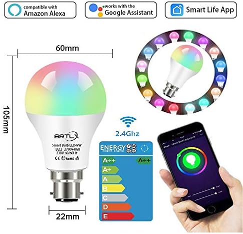 BRTLX WiFi Smart Bulbs,A60 RGB Dimmable B22 9W Led Smart Light Bulb,800LM Compatible with Alexa,Google Home,Remote Control by Smart Phone iOS/Android (3 Pack B22)