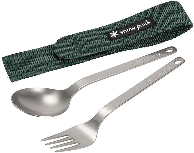 Snow Peak Titanium Fork & Spoon Set, Durable Utensils, Compact, Lightweight, Camping, Hiking, Backpacking, Travel Case