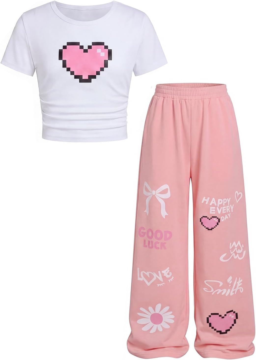 Girls 2 Piece Outfits Cute Short Sleeve Tops with Heart Print & Trendy Pants Set Summer Clothes, Size 7-14 Years