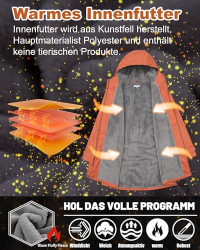 rhythm of the rain Regenjacke Damen mit Warm gefüttert Winterjacke Damen wasserdicht PU Regenmantel Friesennerz übergangsjacke mit Kapuze Karamell 42