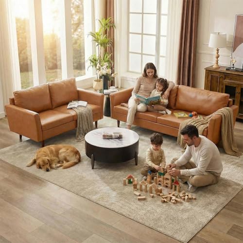 Image of Kingfun 2 Piece Faux Leather Sofa Set, Mid Century Modern Living Room Furniture Set with 3-Seater Sofa and Loveseat, Small Leather Couch with Solid Wood Frame for Bedroom and Office, Mid Brown