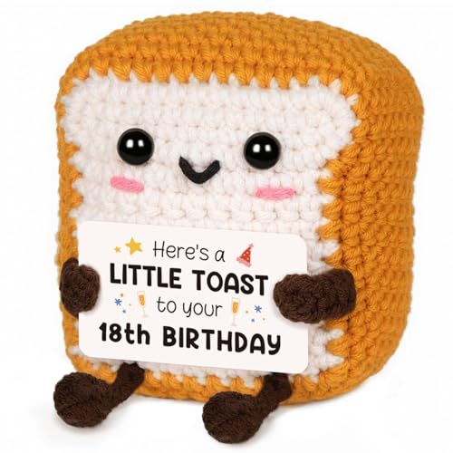 CheriGift 18th Birthday Gifts for Girls Boys, Handmade Emotional Support Crochet Toast with Pun Card, Adorable Home Decor Gifts for 18 Years Old Friend Sister Brother Daughter Son Tennage Boy Girls