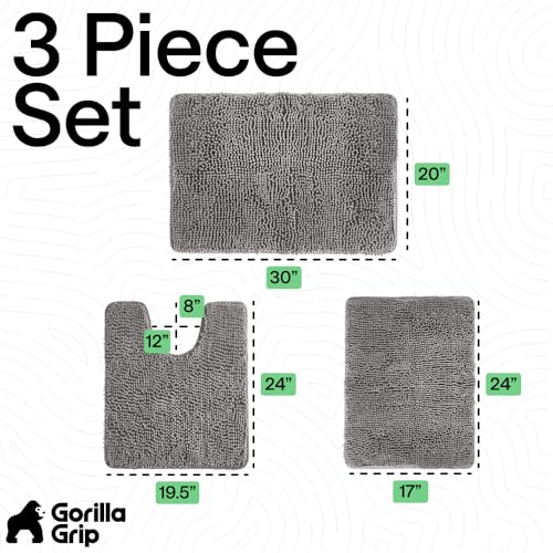Image of GORILLA GRIP Area Rug Sets 3 Piece, Bath Mat Set and Oval Toilet Base with Rubber Backing, Plush Absorbent Shaggy Chenille Washable Mats, Includes 24x19.5, 24x17 and 30x20 Inch Rugs, Grey