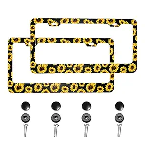 BLUBLU 2 Sets Aluminum Metal License Plate Cover Frame with Screw, Black Screw Caps and Screwdriver for US Standard Vehicles - Sunflower