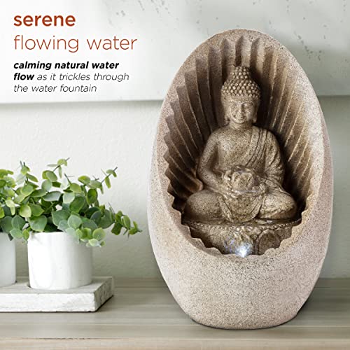 Alpine Corporation 11" Tall Indoor/Outdoor Buddha Tabletop Water Fountain With Led Lights, Beige #TOP5