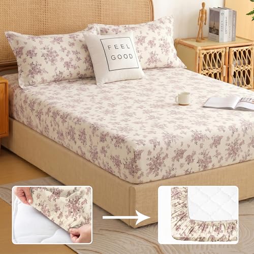 Image of Story@Home King Size Air Cotton Bedsheet 240 TC Fitted Sheet with 2 Pillow Covers, Soft & Durable Bed Sheet for King Bed (182 x 198 cm, Floral Print, Light Purple & White)