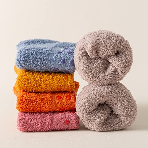 Beauttable Women Colorful Indoors Soft Anti-Slip Winter Fluffy Fuzzy Slipper Socks(White/Pink/Camel/Grey Blue 4-Pairs) #TOP2