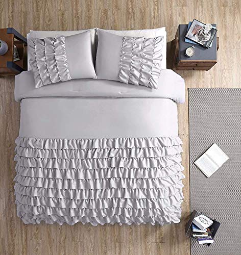 Chezmoi Collection Ella 3-Piece Waterfall Ruffle Comforter Set (Full, Gray)