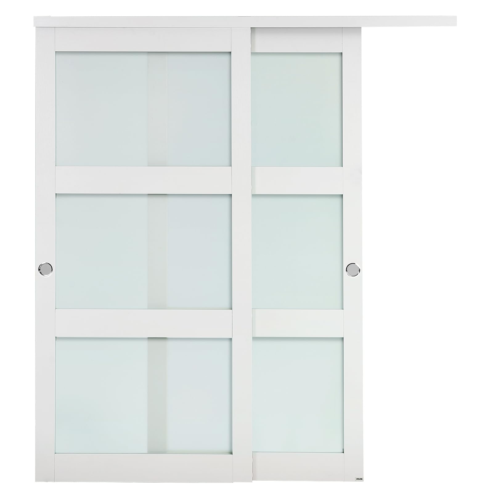 VEVOR Puerta Corrediza de Armario, para Huecos de 1829 x 2032 mm, Puerta Doble de 3 Paneles de Vidrio Esmerilado con Kit de Herrajes, Madera Maciza y MDF, Superficie de PVC Impermeable, Blanco
