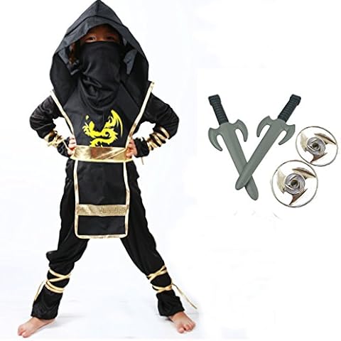 Boys Power Ninja Red Black Fancy Dress Up Party Costume Halloween Child Outfit With toys (yellow, l(7-8years)) Cover