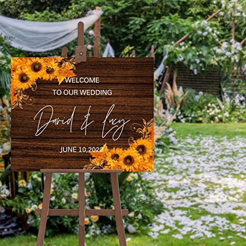 Panneau de bienvenue mariage bois jaune tournesol personnalisable invités