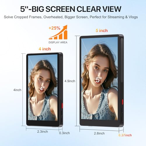 Image of 5 inch Selfie Monitor Screen iPhone 17,1080P Wireless Screen Mirroring Back Camera Monitor iPhone, Magnetic Selfie Screen with Headphone Jack, 2600mAh,100ft Remote for Vlog, Snaplylens for iPhone, Android
