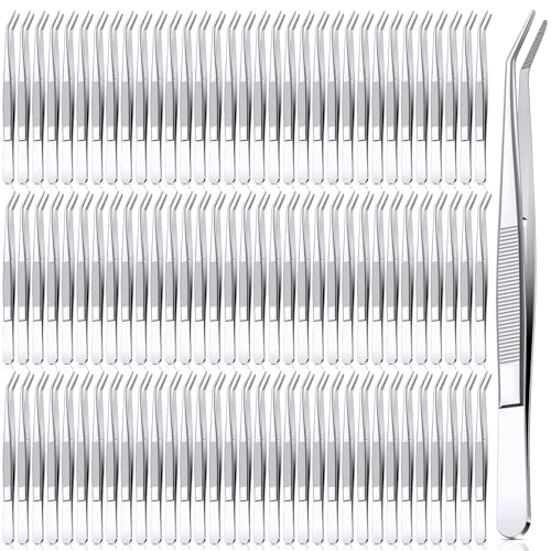 Honoson 100 Pcs Stainless Steel Tweezers for Crafting with Curved Serrated Tip Multipurpose Forceps Sewing Machine Tweezers Bulk (Silver)