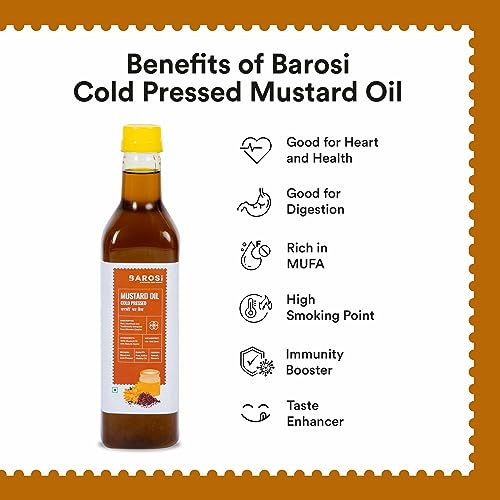 Image of Barosi Kachi Ghani Mustard Oil 2 Litre (1 Litre * 2 Pack) | Pure & Natural Cold Pressed Mustard Oil (Sarso Tel) | Traditionally Extracted from Wooden Crusher | Pet Bottle